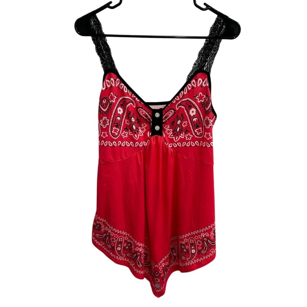 Red Bandana-Style Sleeveless Top Lace Straps Button Detail  0XL Cowgirl Country